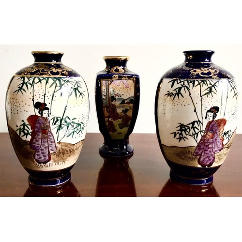 186 - THREE SATSUMA POTTERY VASES, ONE SIGNED TO BASE, EACH APPROXIMATELY 14cm HIGH