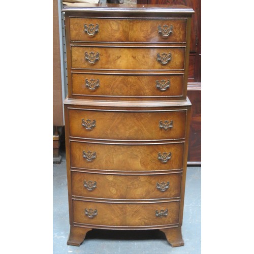 217 - 20th century Walnut veneered bow fronted Seven drawer chest on chest. Approximately. 110cm H x 54cm ... 