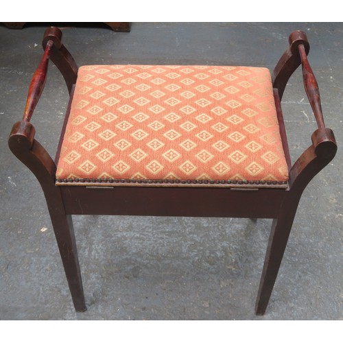 225 - Early 20th century mahogany two handled piano stool with hinged lift up seat. Approximately. 62cm H ... 