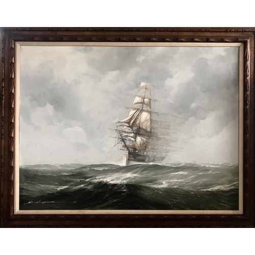 198 - 20TH CENTURY FRAMED OIL ON CANVAS DEPICTING A CLIPPER SHIP IN FULL SAIL ON CHOPPY WATERS, SIGNED LON... 