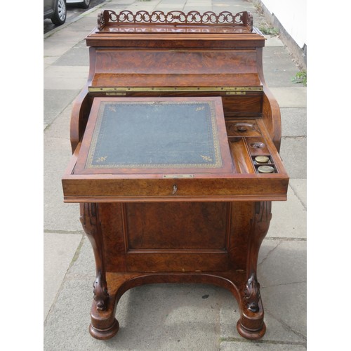 205 - 19TH CENTURY FIGURED WALNUT DAVENPORT WRITING DESK , WITH POP UP STATIONARY COMPARTMENT, FITTED WITH... 