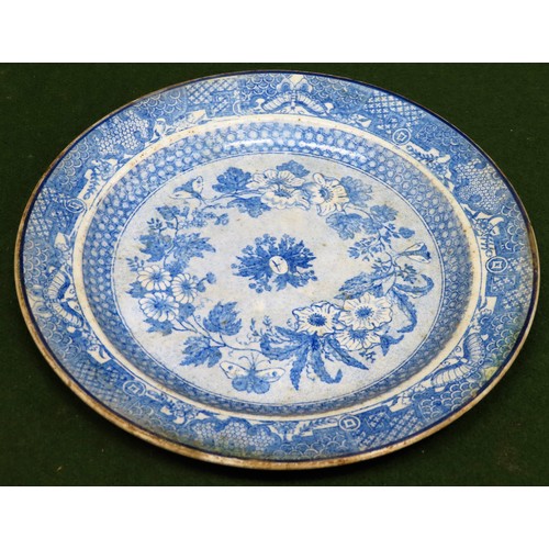 32 - 18th/19th century Delft blue and white wave edged plate, decorated with a village scene, initialled ... 