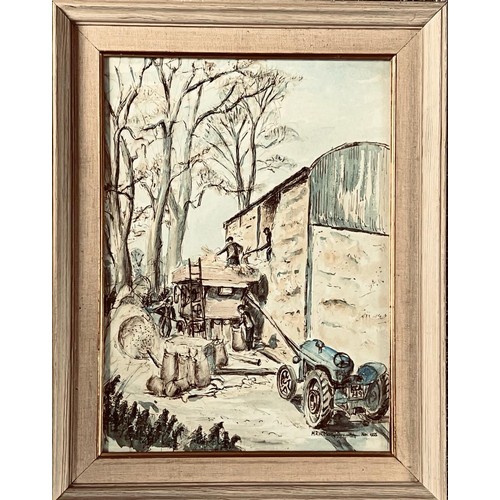 42 - MRN MAGILLYCUDDY, WATERCOLOUR- 'STACKING THE HAY BARN', SIGNED AND DATED NOV 1955, APPROXIMATELY 37.... 