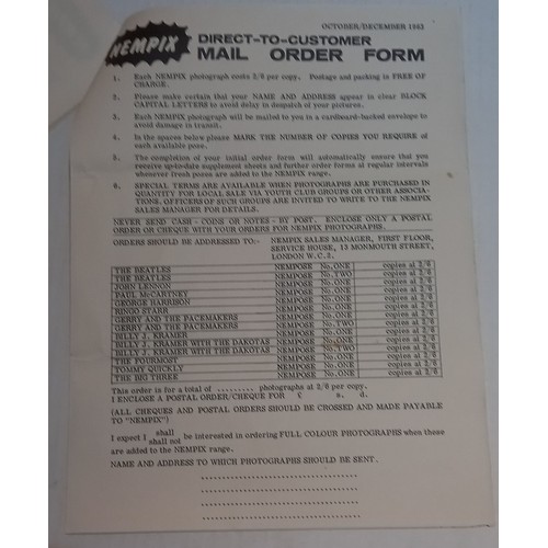 35 - The Beatles NEMPIX sales leaflet complete with order form, with six original Beatles NEMPIXs