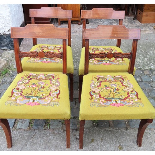 124 - Set of four 19th century inlaid and carved mahogany dinig chairs, with embroidered seats. Approx. 84... 