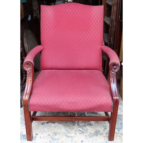 126 - Large 19th century mahogany red upholstered office armchair. Approx. 100cms H x 71cms W x 77cms D