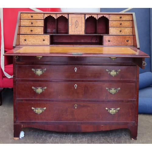 112 - 19th century mahogany inlaid fall front writing bureau, with birds eye maple fitted interior. Approx... 