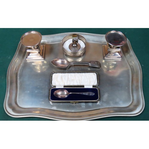 117 - Silver plated tray, cased silver plated spoon, candle stand etc