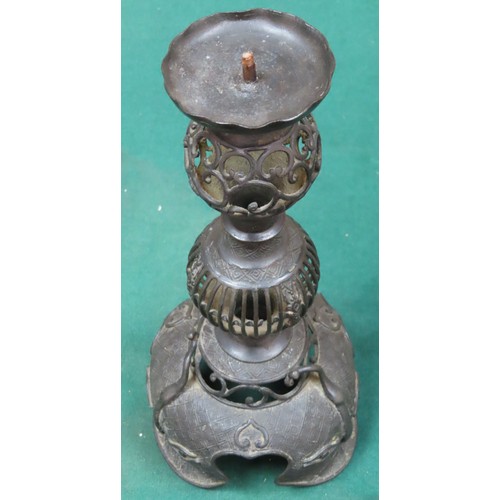 3 - JAPANESE BRONZE CANDLE PRICKET STICK, APPROXIMATELY 31cm HIGH TO SCONCE