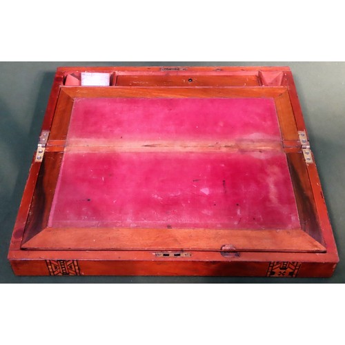 160 - Marquetry inlaid Mahogany writing slope, with fitted interior. 50cm H x 58cm W x 28cm D