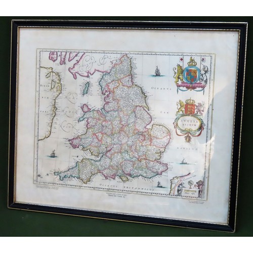 67 - Willem and Johan Valeu polychrome printed map of Anglia. Approx. 38 x 49cm