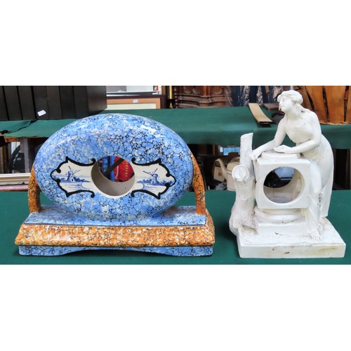 72 - Parian ware style clock shell, plus delft style ceramic clock shell