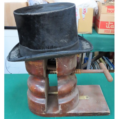 258 - Vintage oak hat stretcher, with top hat.