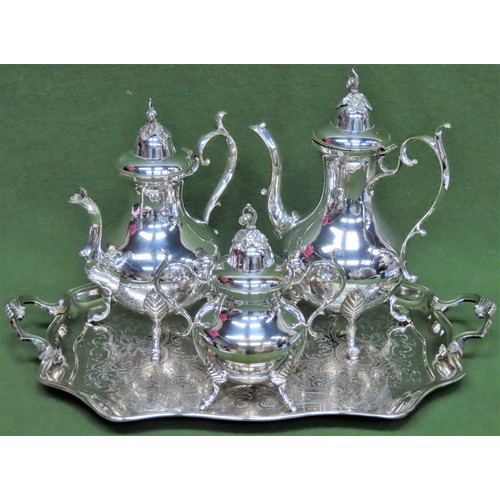 89 - Pretty Silver Plated three piece tea/coffee set on raised supports, plus non matching two handled se... 