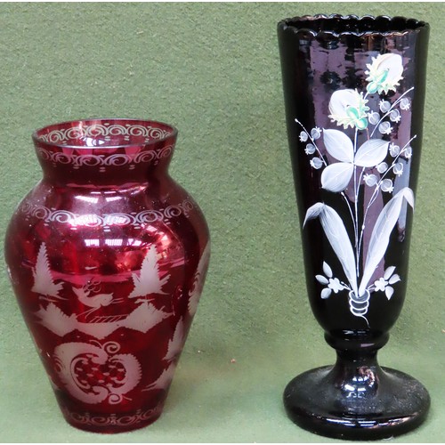 174 - Victorian ruby coloured overlaid glass vase, plus Victorian floral painted glass vase