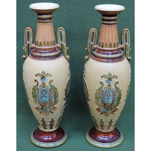 144 - Pair of Mettlach glazed and unglazed stoneware vases, no. 2505. Approx. 34cm H