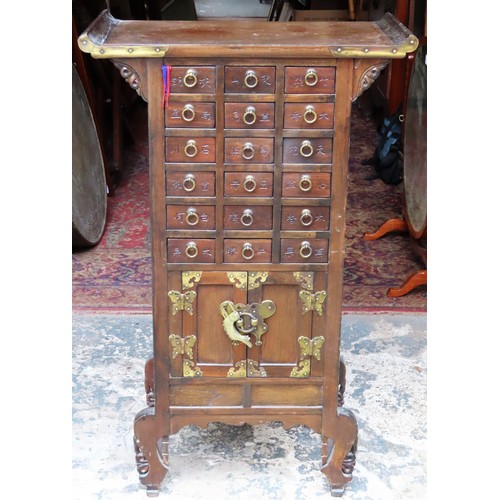 163 - Small early/mid 20th century Oriental oak flight of 18 drawers, fitted with cupboard doors below. Ap... 