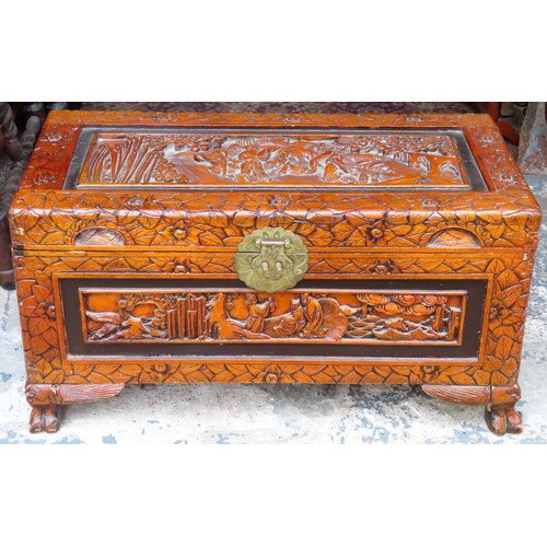 169 - Small heavily carved early 20th century camphor wood chest. Approx. 37cms H x 69cms W x 33cms D