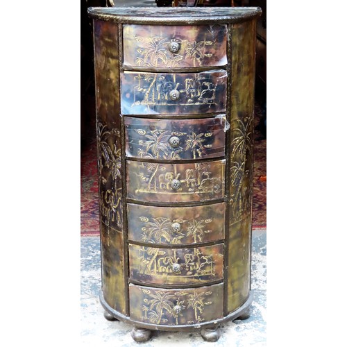 170 - 20th century Oriental half moon side cabinet, with overlaid brass decoration. Approx. 81cms H x 42cm... 