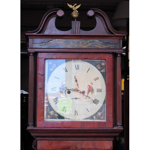 6 - 19th century mahogany cased longcase clock, with hand painted and enamelled dial.