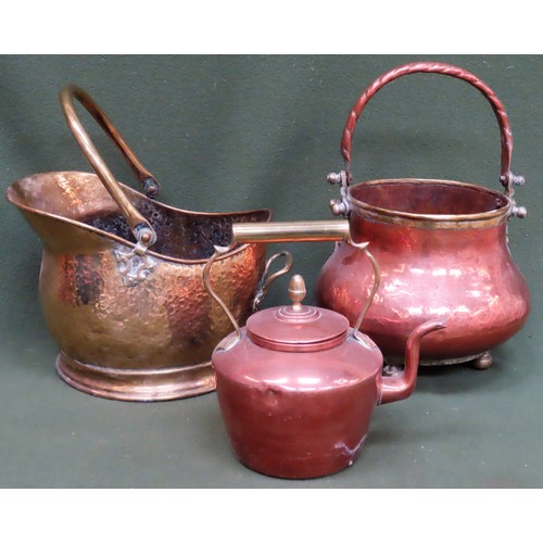 291 - Antique copper and brass cauldron with swing over handle, copper teapot, plus brass coal scuttle