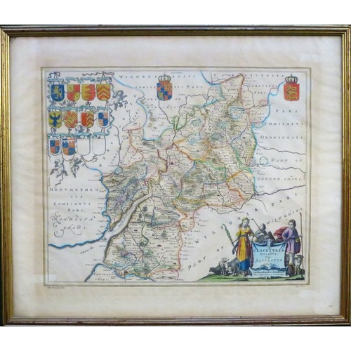 261 - Johann & Cornel Blaeu Framed polychrome engraved map of Gloucestershire. Approx. 39.5 x 47cm