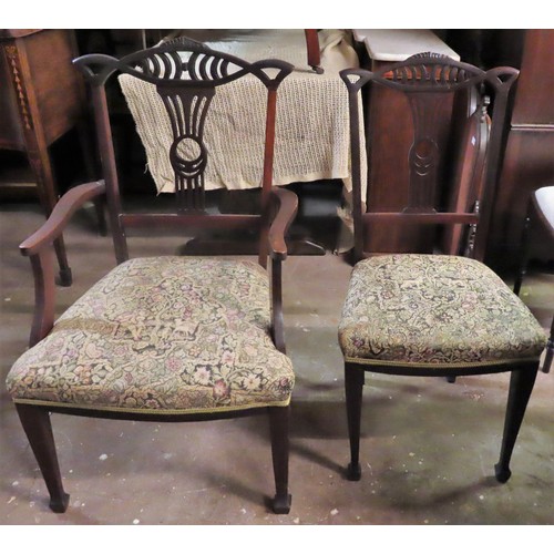 55 - 19th century piercework decorated mahogany upholstered single armchair, plus single bedroom chair.