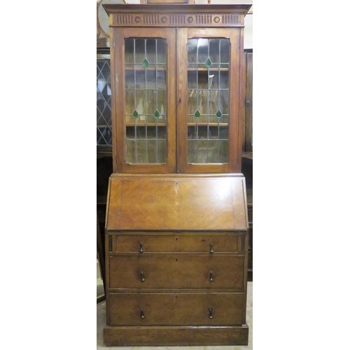 68 - Early 20th century Oak bureau bookcase with leaded and stained glass doors. Approx. 200.5cm H x 84cm... 