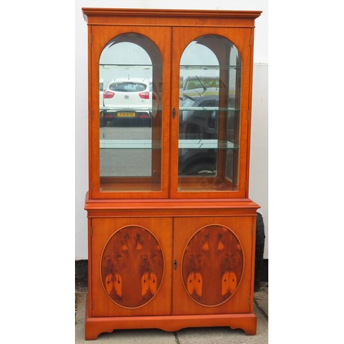 20th century yew wood two door glazed display with cupboard