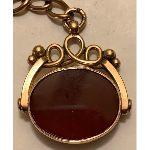 5 - 9ct GOLD WATCH CHAIN WITH ROTATING PENDANT, ONE BLOOD STONE AND ONE CARMELIAN STONE, TOTAL WEIGHT AP... 