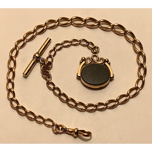 5 - 9ct GOLD WATCH CHAIN WITH ROTATING PENDANT, ONE BLOOD STONE AND ONE CARMELIAN STONE, TOTAL WEIGHT AP... 