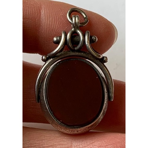 34 - ANTIQUE SILVER COLOURED FOB SET WITH CARNELIAN AND BLOOD STONE ROTATING DUO, TOTAL WEIGHT APPROX 8.6... 