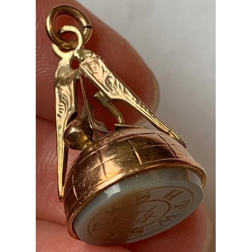 57 - 9ct GOLD ANTIQUE FOB PENDANT WITH WHITE AGATE AND MASONIC ENGRAVING, TOTAL WEIGHT APPROX 4.24g