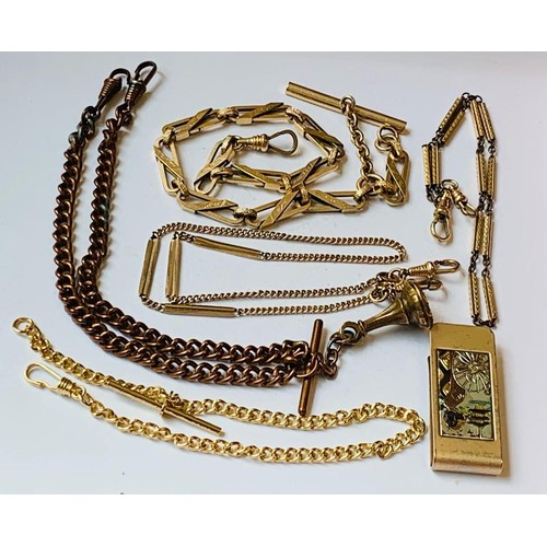 70 - FIVE YELLOW COLOURED WATCH CHAINS, ONE WITH FOB AND ONE JAPANESE CLIP