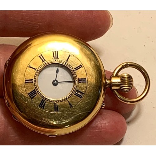 82 - 18ct GOLD ANTIQUE HALF HUNTER POCKET WATCH BRUSH & DRUMMOND MELBOURNE 7374, TOTAL WEIGHT APPROX 48.3... 