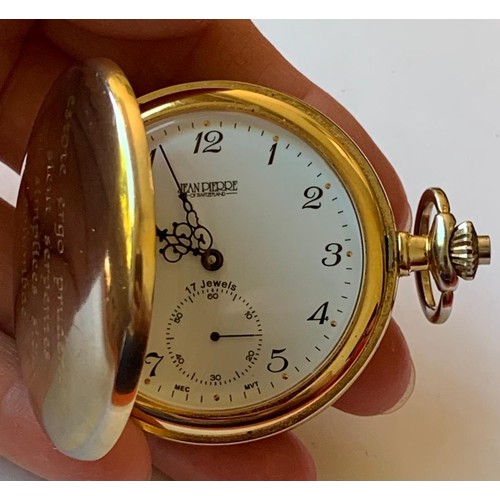 86 - GOLD COLOURED ANTIQUE POCKET WATCH 17 JEWELS JEAN PIERRE OF SWITZERLAND, ENGRAVED