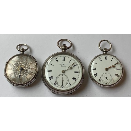 97 - TWO STERLING SILVER SMALL POCKET WATCHES, AND ANOTHER STERLING SILVER POCKET WATCH, TOTAL WEIGHT APP... 