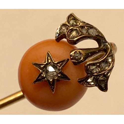 15 - GOLD COLOURED UNMARKED PIN SET WITH A CORAL BALL AND ONE APPROX 0.5ct DIAMOND AND TEN VERY SMALL DIA... 