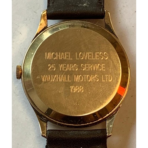 73 - GOLD COLOURED GARRARD WATCH AUTOMATIC SWISS MADE, MICHAEL LOVELESS 25 YEARS SERVICE, VAUXHALL MOTORS... 