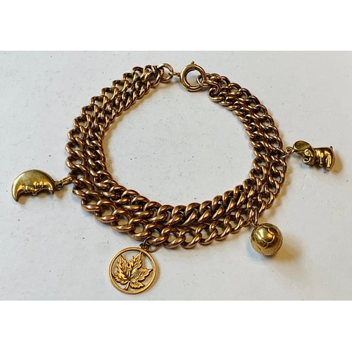 132 - 9ct GOLD CHARM BRACELET WITH FOUR CHARMS, ONE MARKED 10ct GOLD, TOTAL WEIGHT APPROX 38.52g