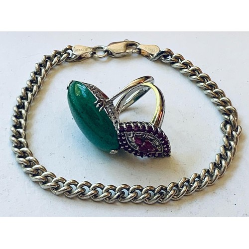 149 - 925 SILVER ITALY BRACELET APPROX 20.5cm LONG AND WEIGHT APPROX 14.65g, SILVER RING SET WITH GREEN FA... 