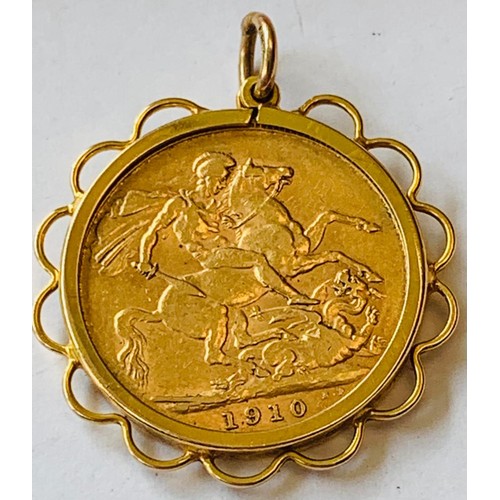 155 - EDWARD VII FULL SOVEREIGN 1910 MOUNTED ON 9CT GOLD PENDANT. GROSS WEIGHT. 9.64G