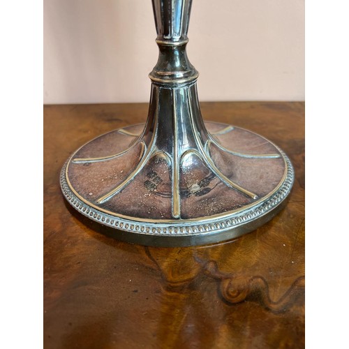 6 - PAIR OF SILVER PLATED TABLE CANDLESTICKS WITH SCROLL ARMS, ON OVAL BASE