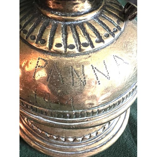 65 - LARGE COPPER JUG PLUS BRASS BELL ENGRAVED PANNA, 1917