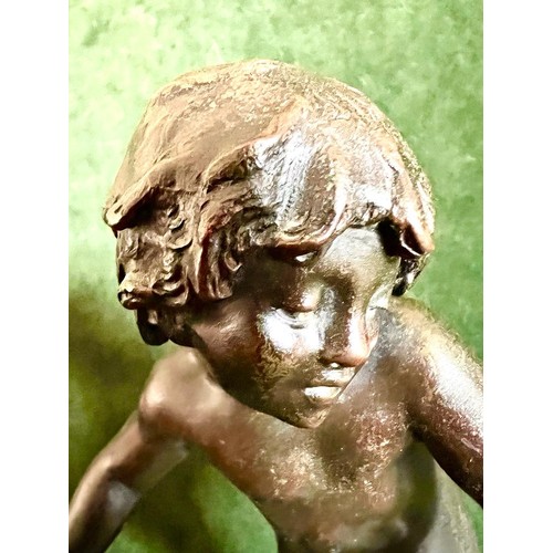 89 - AUGUSTUS MOREAU PAIR OF BRONZE FIGURES  'CHILDREN PLAYING' ON CIRCULAR MARBLE BASES. APPROX. 27CM H