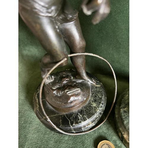 89 - AUGUSTUS MOREAU PAIR OF BRONZE FIGURES  'CHILDREN PLAYING' ON CIRCULAR MARBLE BASES. APPROX. 27CM H