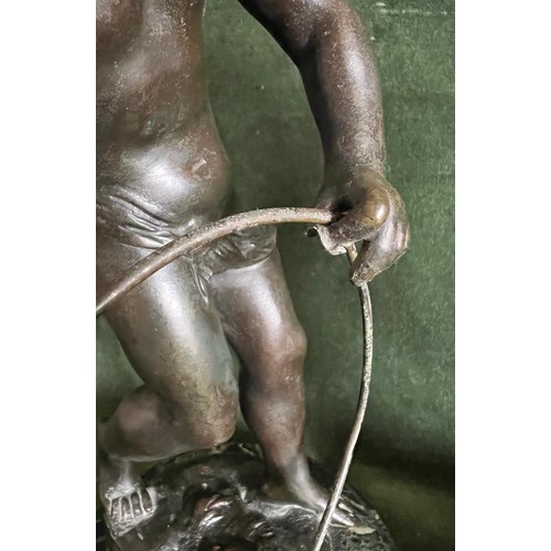 89 - AUGUSTUS MOREAU PAIR OF BRONZE FIGURES  'CHILDREN PLAYING' ON CIRCULAR MARBLE BASES. APPROX. 27CM H