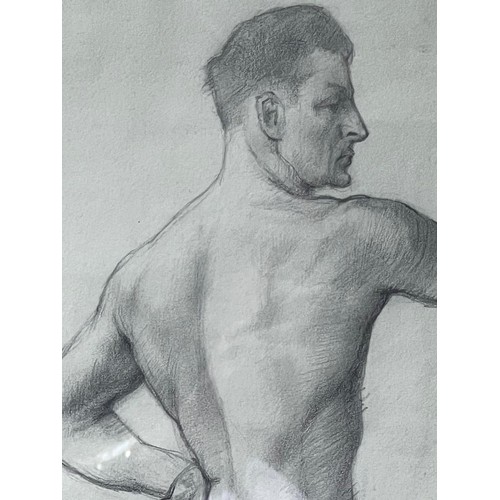 122 - GORDON FOWLER LSC, GLAZED AND FRAMED PENCIL DRAWING OF A MALE MODEL. APPROX. 40 X 26CM