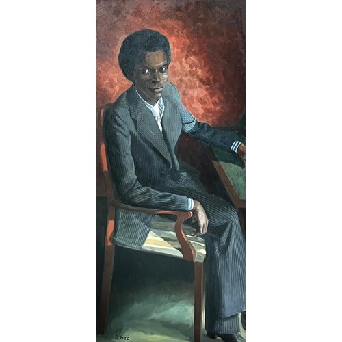 282 - R EYRE, OIL ON CANVAS PORTRAIT OF A SEATED GENTLEMAN, LATE 20th CENTURY, APPROX 162.5 x 73cm