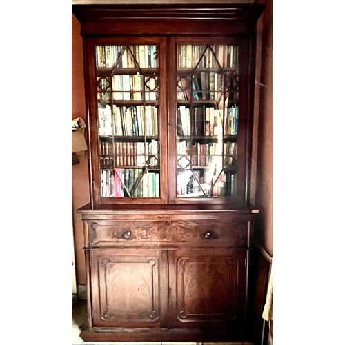 283 - MAHOGANY SECRETAIRE BOOKCASE, CUPBOARDS BELOW, GLAZED UPPER SECTION, APPROX 242cm H x 128cm W x 49cm... 